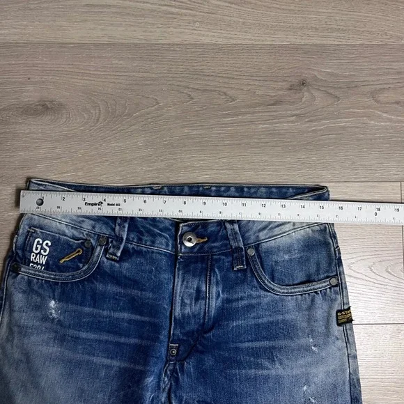 Y2K G Star RAW Attacc Low Straight Jeans Blue Distressed Denim Jeans Size 30